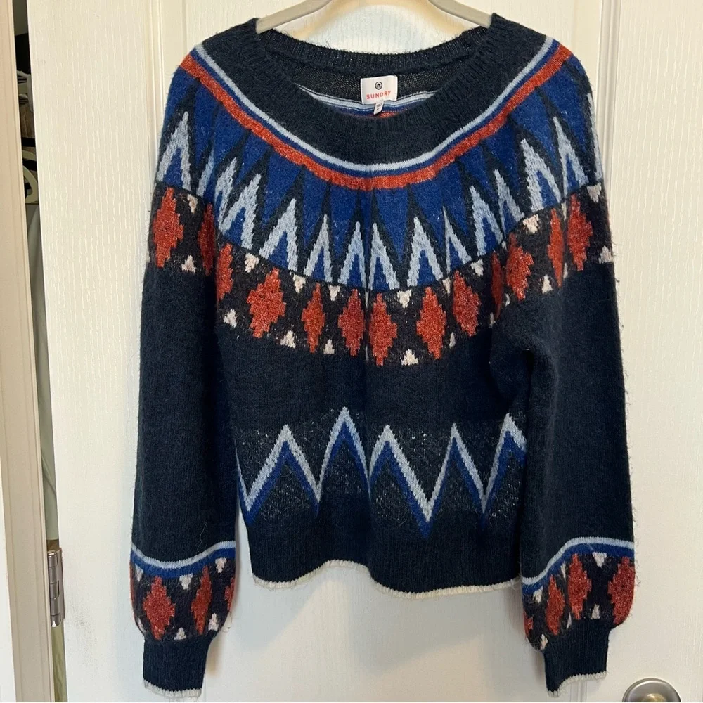 Anthropologie x Sundry Navy Orange fair isle Sweater - Picture 3 of 9